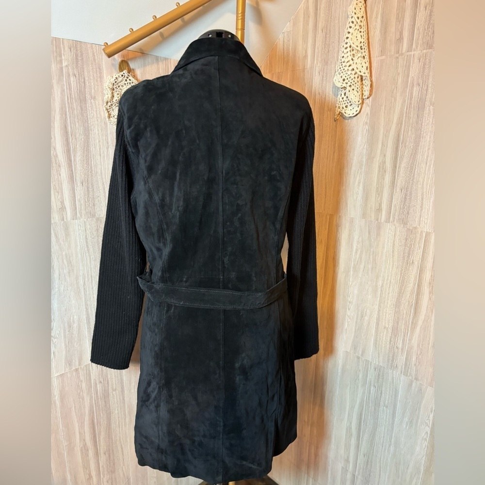 Clothes By Revue Elegant Black Suede Leather Coat Knit Sleeves with Belt Vintage - Picture 2 of 10